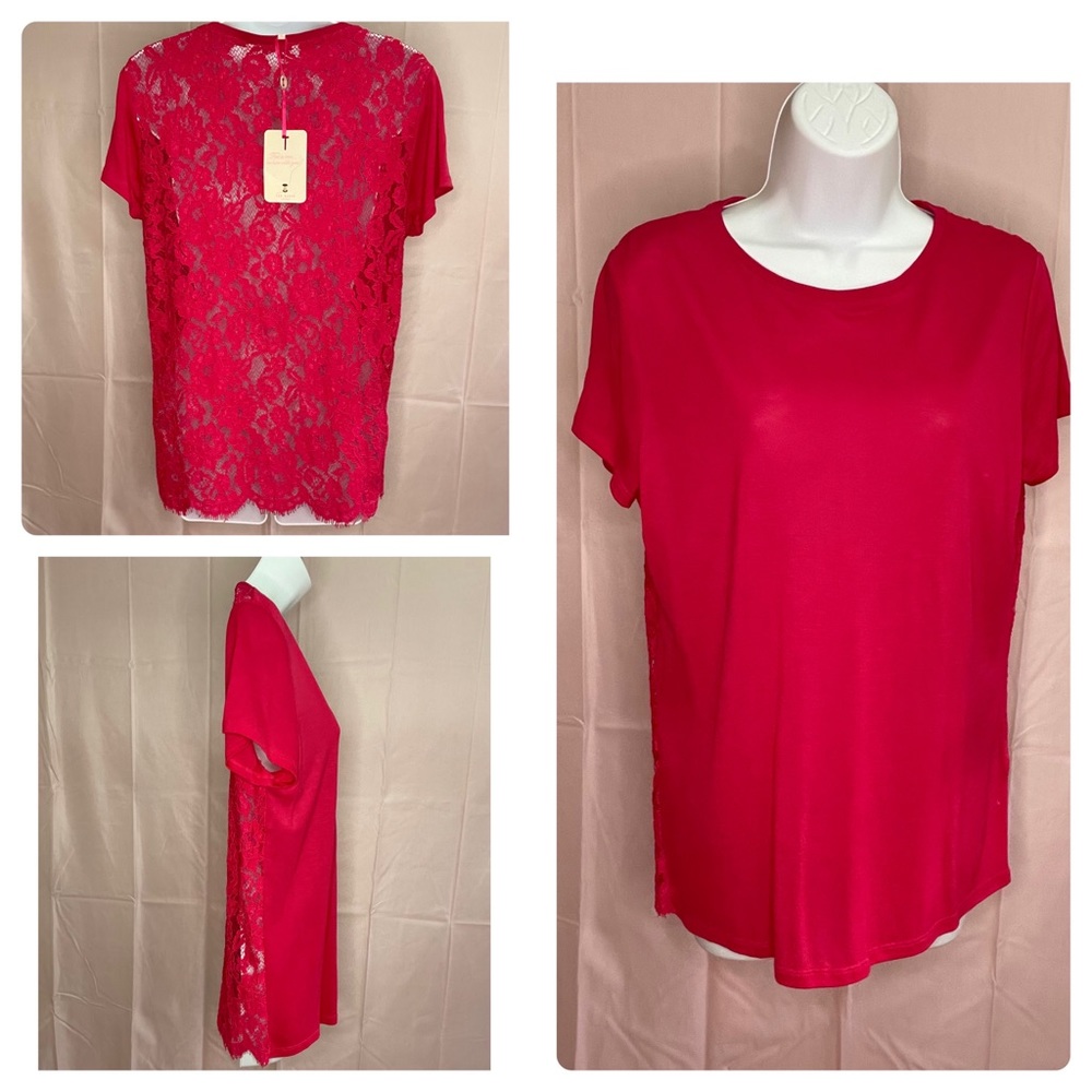 NWT Ted Baker Short Sleeve Lace Back Top - Fuchsia